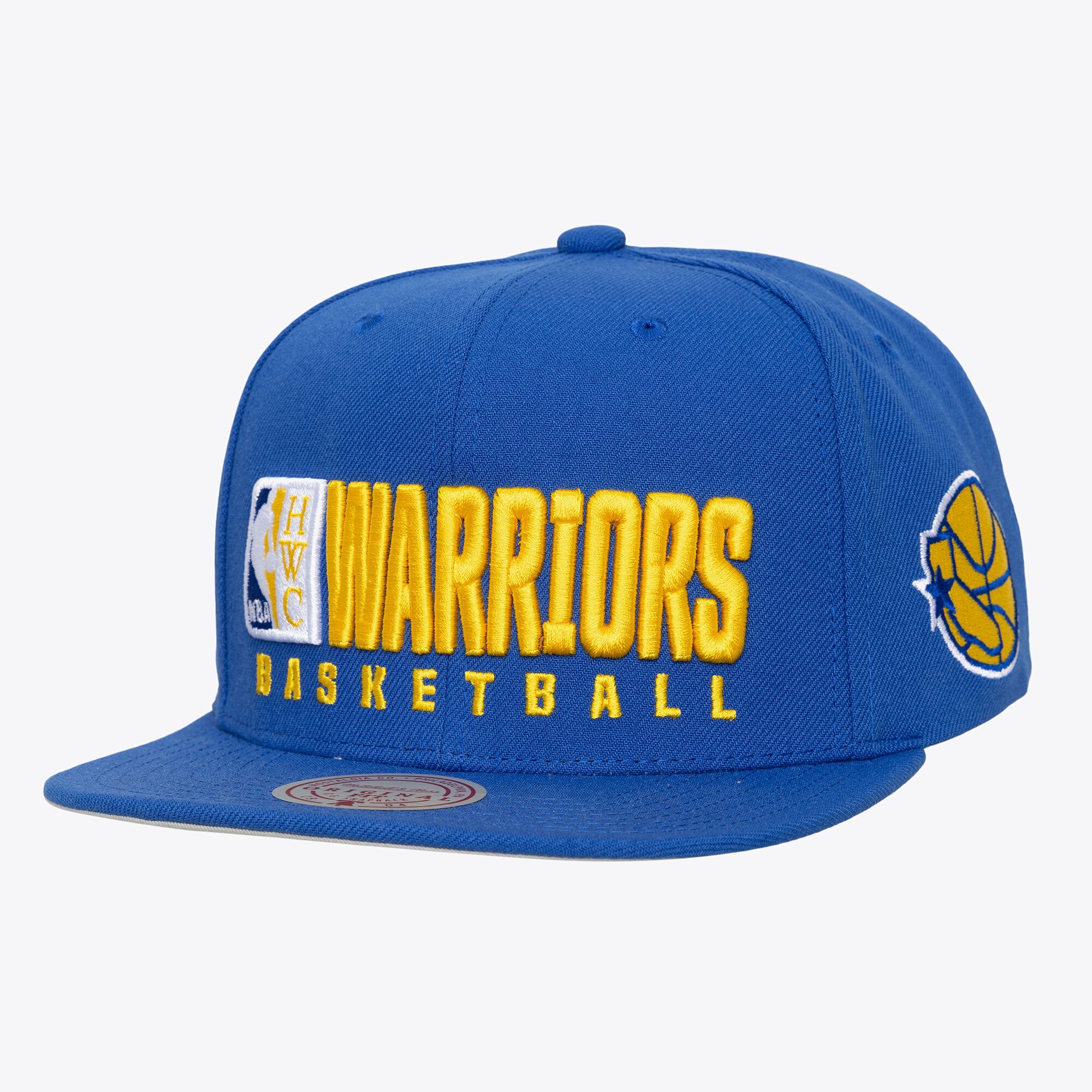 Men's Mitchell & Ness Royal Golden State Warriors Hardwood Classics Old School Stacked Text Snapback Hat