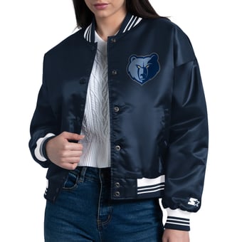 Women's Starter  Navy Memphis Grizzlies Arch Stripe Full-Snap Satin Varsity Jacket