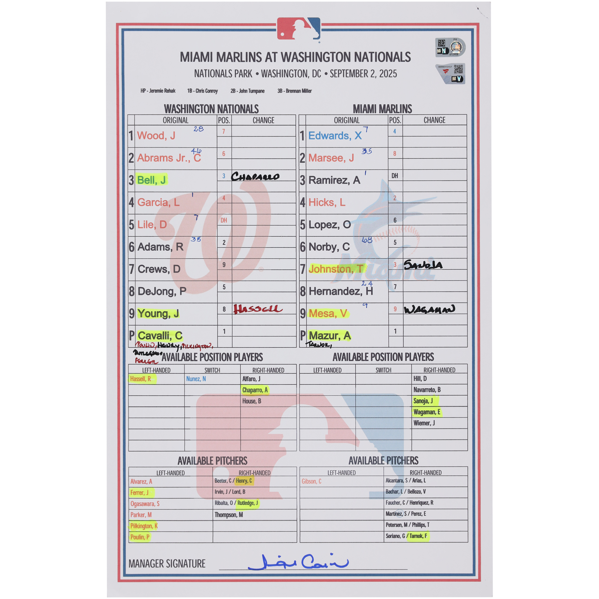Washington Nationals Game-Used Lineup Card vs. Miami Marlins on September 2, 2025