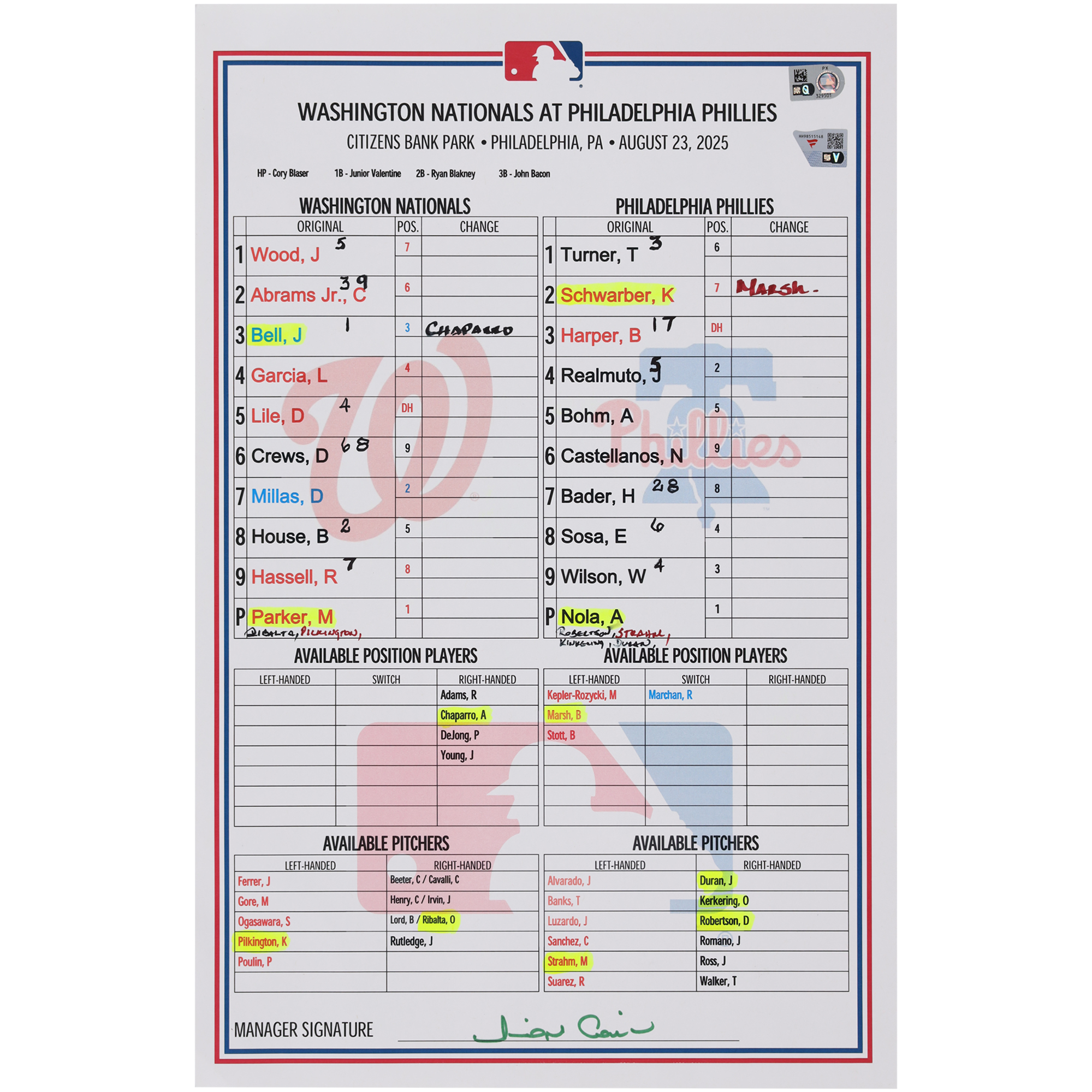 Washington Nationals Game-Used Lineup Card vs. Philadelphia Phillies on August 23, 2025