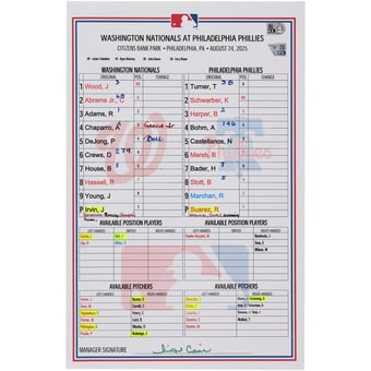 Washington Nationals Game-Used Lineup Card vs. Philadelphia Phillies on August 24, 2025