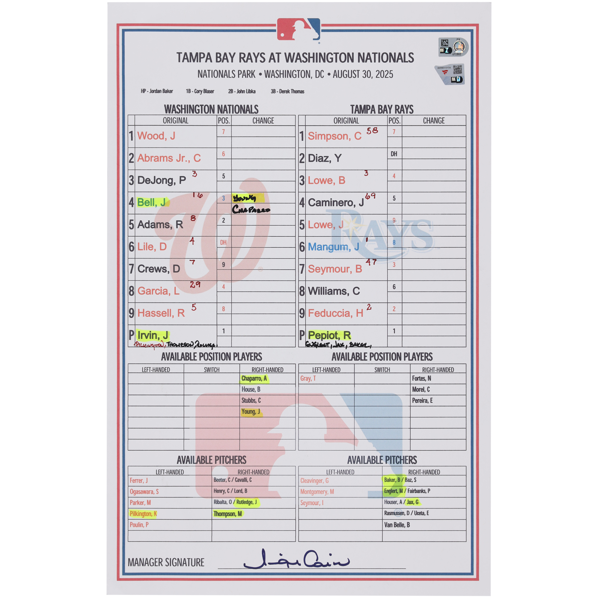Washington Nationals Game-Used Lineup Card vs. Tampa Bay Rays on August 30, 2025