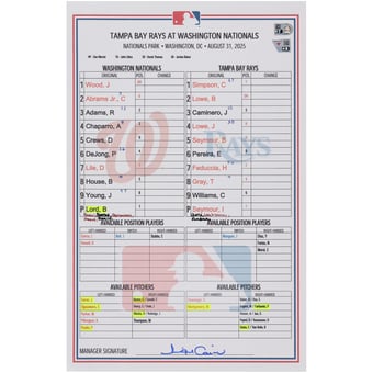 Washington Nationals Game-Used Lineup Card vs. Tampa Bay Rays on August 31, 2025