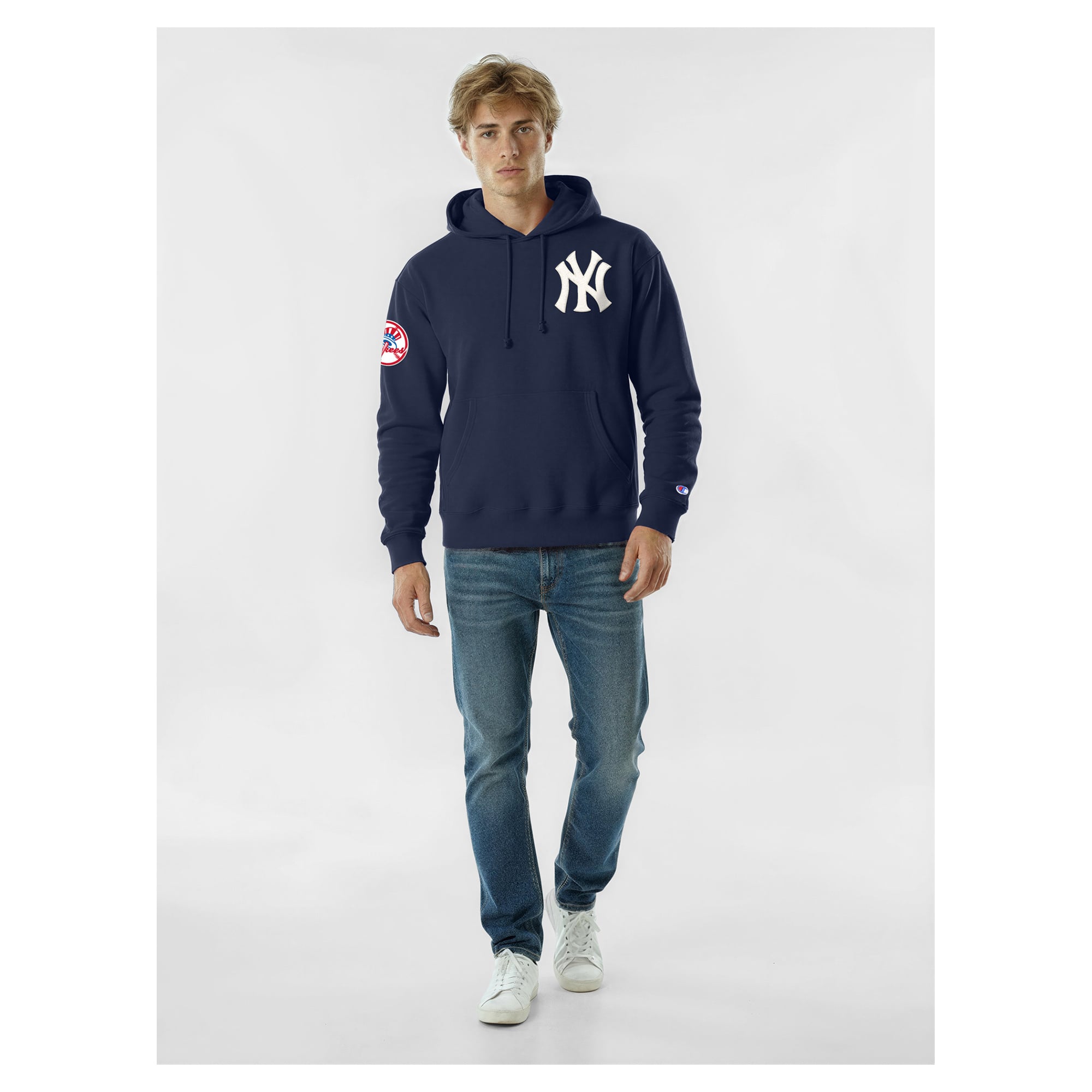 Men's Champion  Navy New York Yankees Reverse Weave Chenille Hoodie