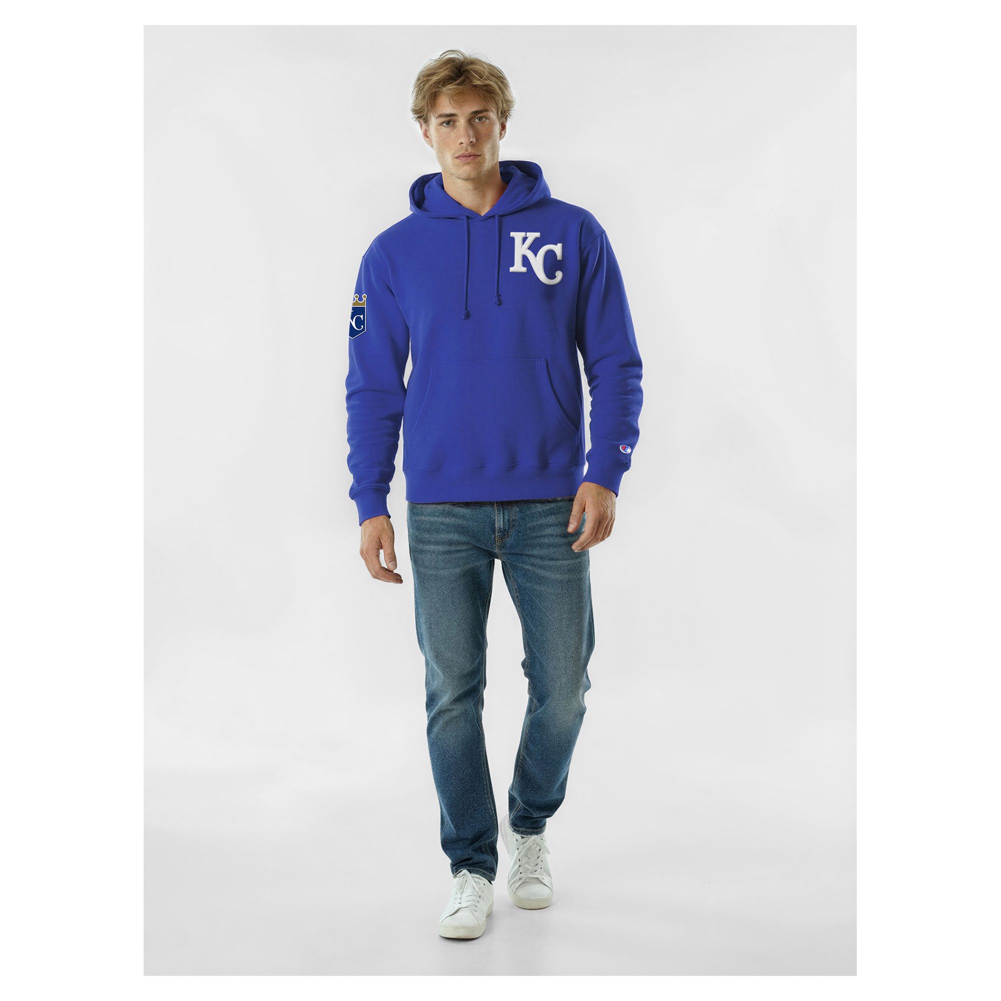 Men's Champion Royal Kansas City Royals Reverse Weave Chenille Hoodie