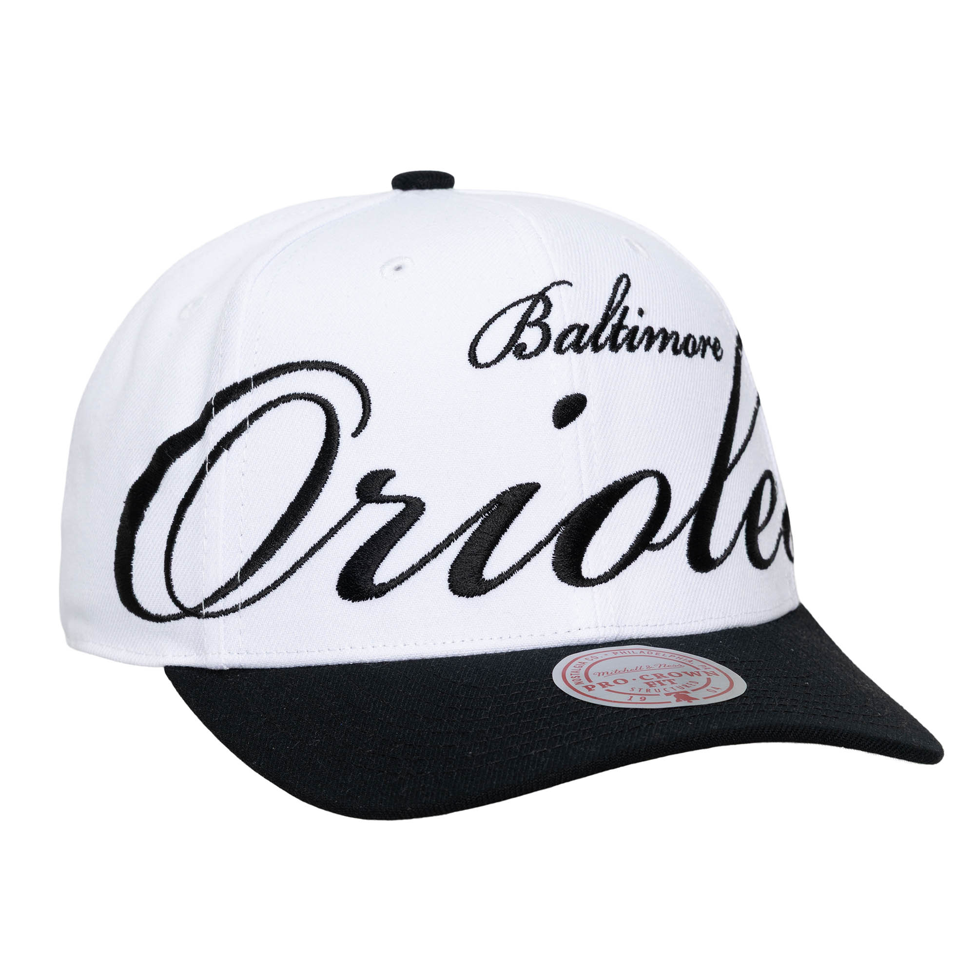 Unisex Mitchell & Ness White/Black Baltimore Orioles XL Script Pro Crown Adjustable Hat
