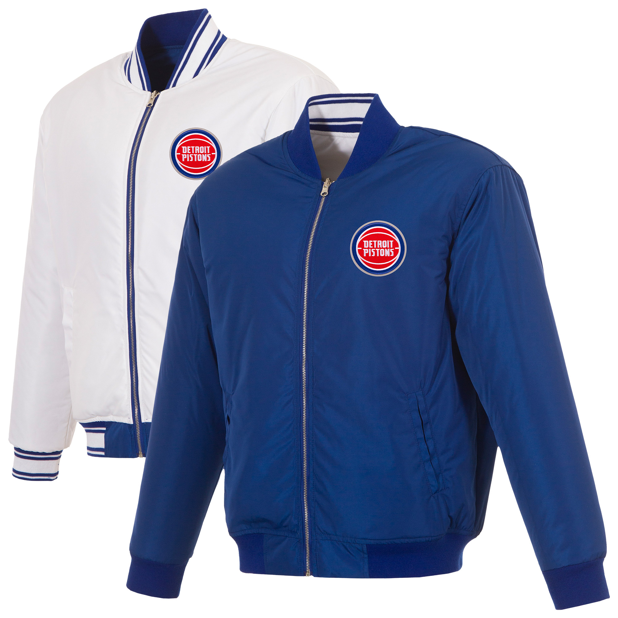 Men’s JH Design Blue/White Detroit Pistons Reversible Full-Zip Flight Jacket Men’s JH Design Blue/White Detroit Pistons Reversible Full-Zip Flight Jacket