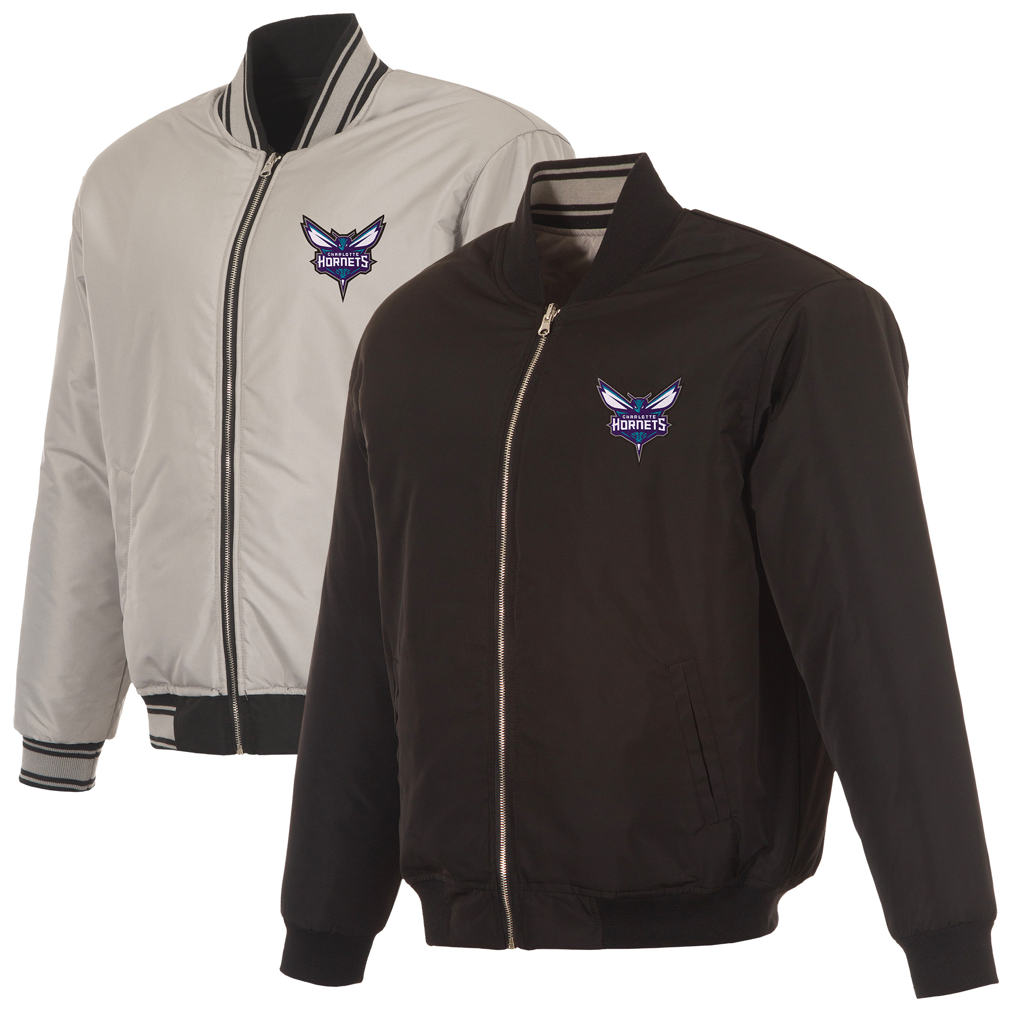 Men's JH Design Black/Gray Charlotte Hornets Reversible Full-Zip Flight Jacket