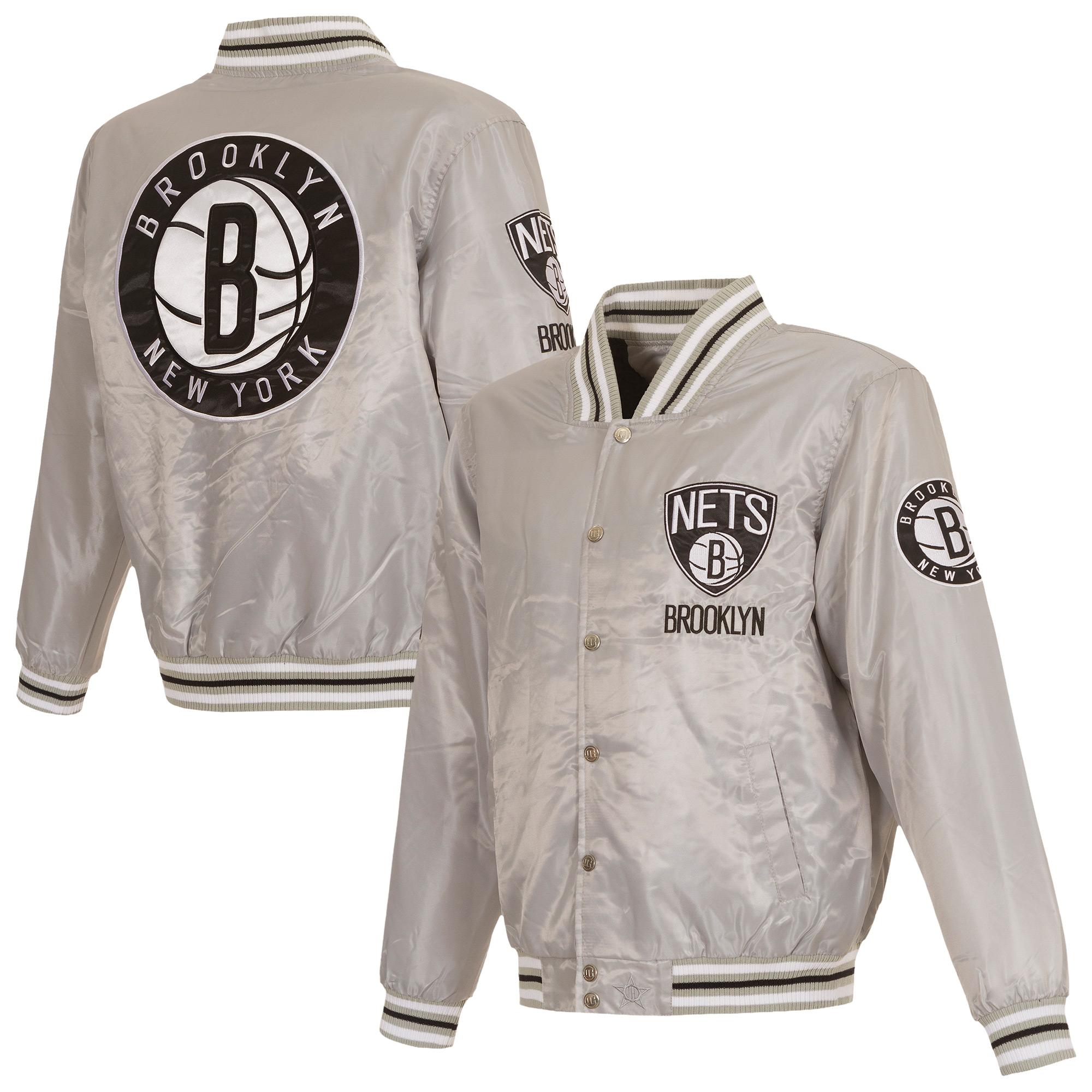 Men’s JH Design Silver Brooklyn Nets Full-Snap Satin Jacket Men’s JH Design Silver Brooklyn Nets Full-Snap Satin Jacket