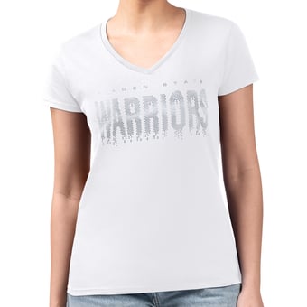 Women's G-III 4Her by Carl Banks White Golden State Warriors Super-Slim-Fit Metallic Drop Lightweight V-Neck T-Shirt