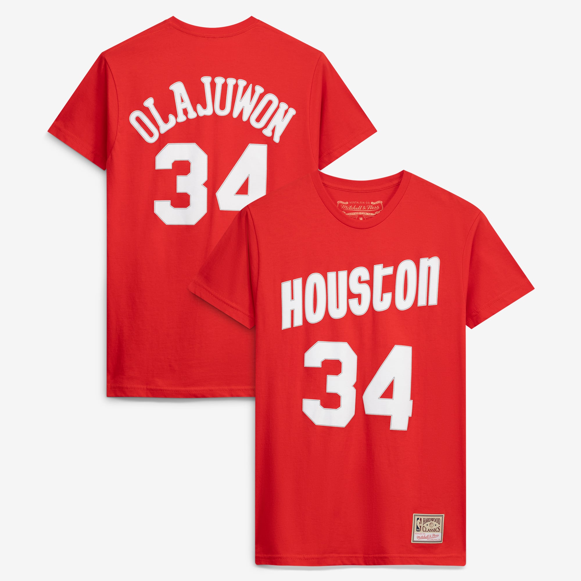Unisex Mitchell & Ness Hakeem Olajuwon Red Houston Rockets Hardwood Classics Name & Number T-Shirt