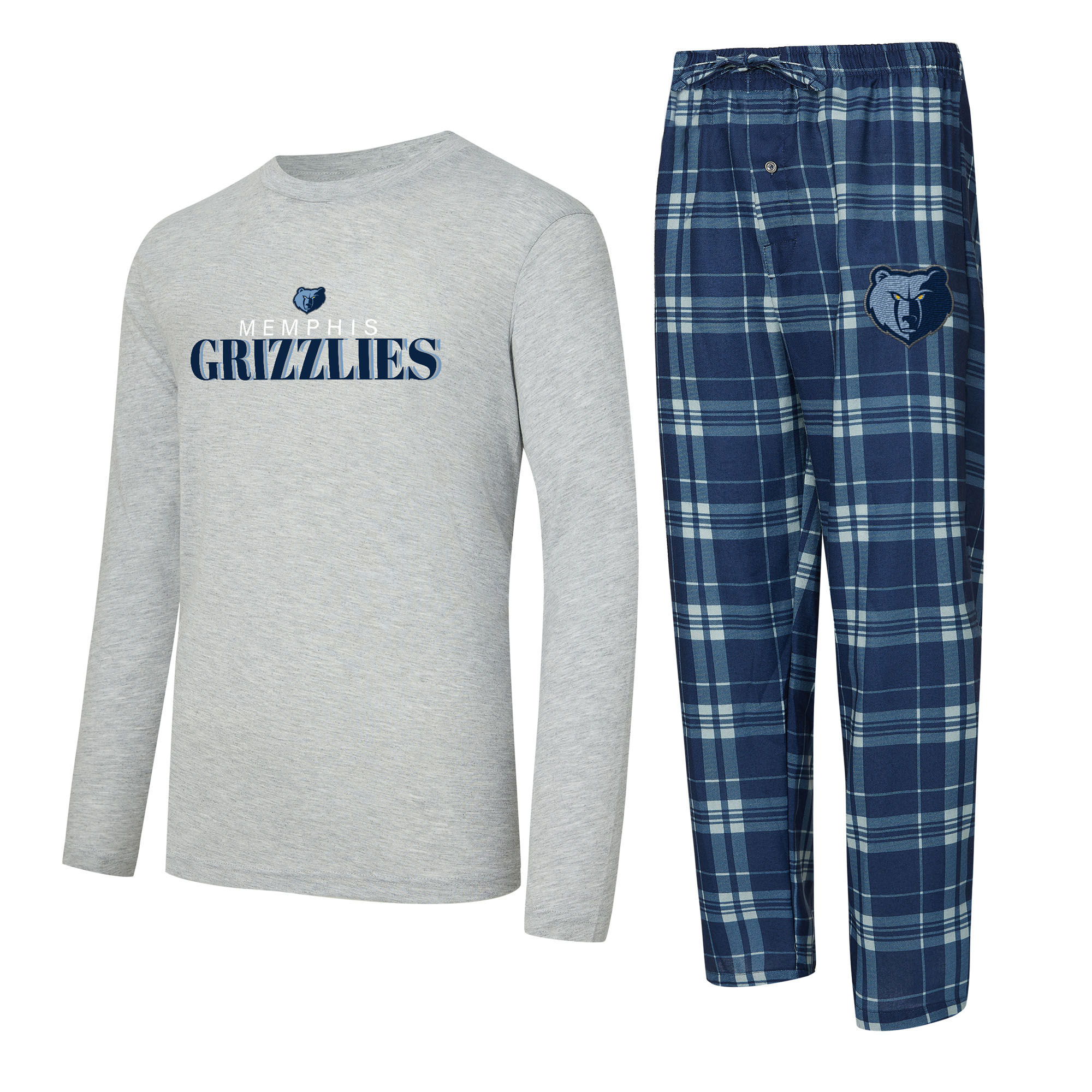 Men's Concepts Sport Navy/Heather Gray Memphis Grizzlies Regulate Long Sleeve T-Shirt & Plaid Pant Set