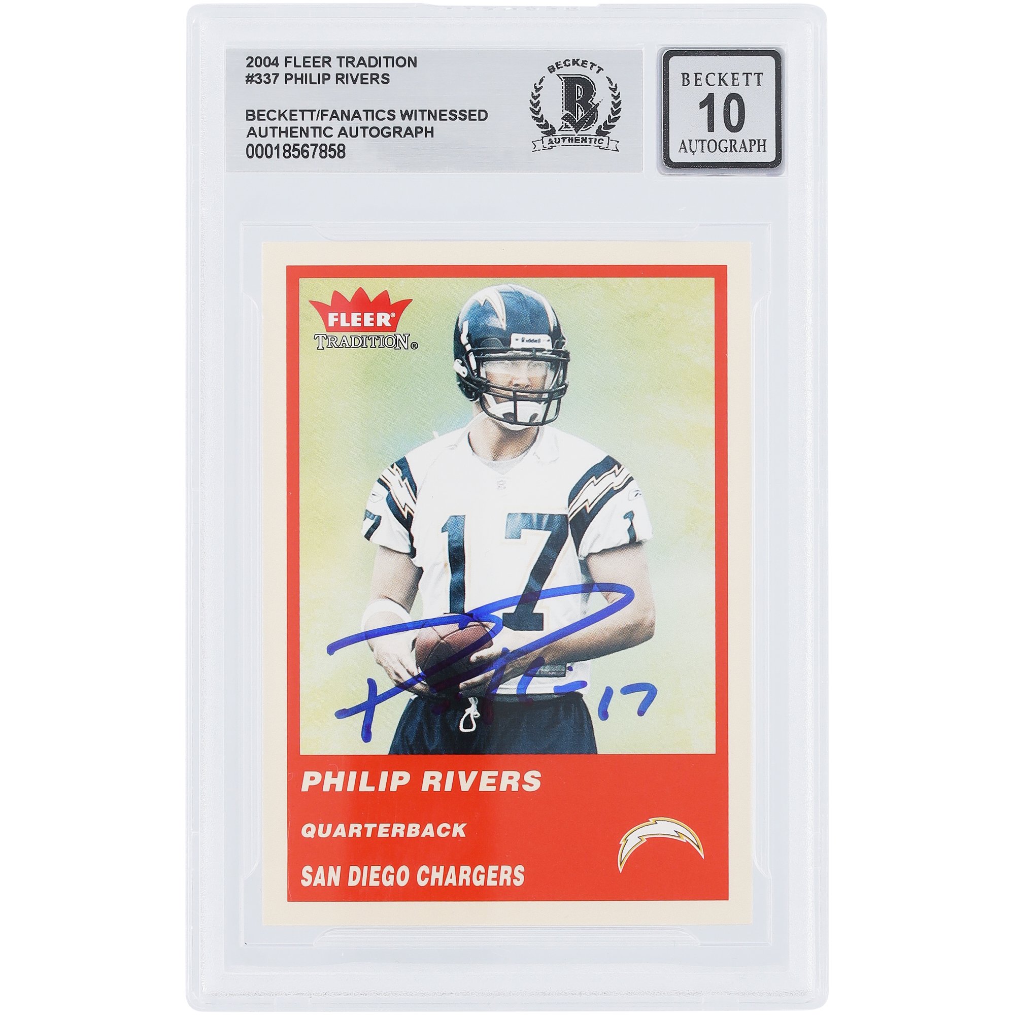 Philip Rivers San Diego Chargers Autographed 2004 Fleer Tradition #337 Beckett Fanatics Witnessed Authenticated 10 Rookie Card
