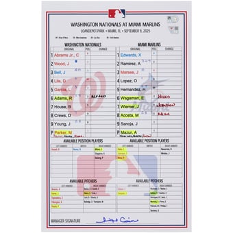 Washington Nationals Game-Used Lineup Card vs. Miami Marlins on September 9, 2025