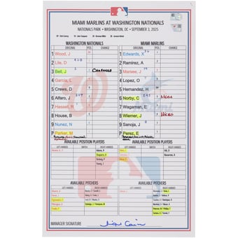Washington Nationals Game-Used Lineup Card vs. Miami Marlins on September 3, 2025