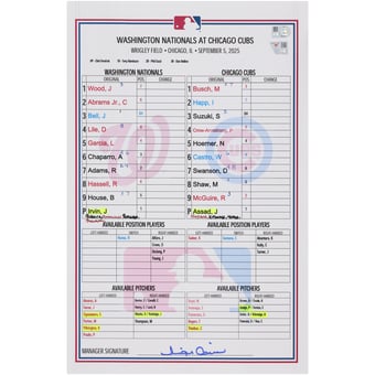 Washington Nationals Game-Used Lineup Card vs. Chicago Cubs on September 5, 2025