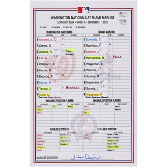 Washington Nationals Game-Used Lineup Card vs. Miami Marlins on September 11, 2025