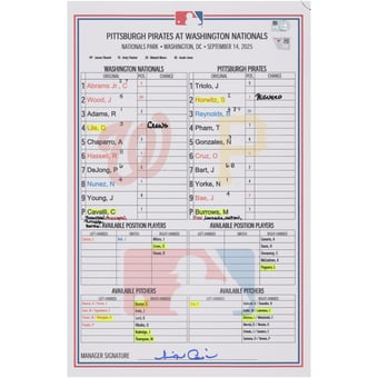Washington Nationals Game-Used Lineup Card vs. Pittsburgh Pirates on September 14, 2025