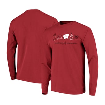 Women's  Red Wisconsin Badgers Christmas Elements Comfort Colors Long Sleeve T-Shirt