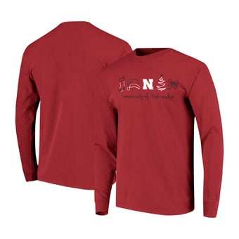 Women's  Scarlet Nebraska Huskers Christmas Elements Comfort Colors Long Sleeve T-Shirt