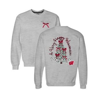 Women's  Heather Gray Wisconsin Badgers Classic Merry Christmas Tree Crewneck Sweatshirt