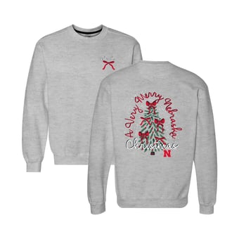 Women's  Heather Gray Nebraska Huskers Classic Merry Christmas Tree Crewneck Sweatshirt
