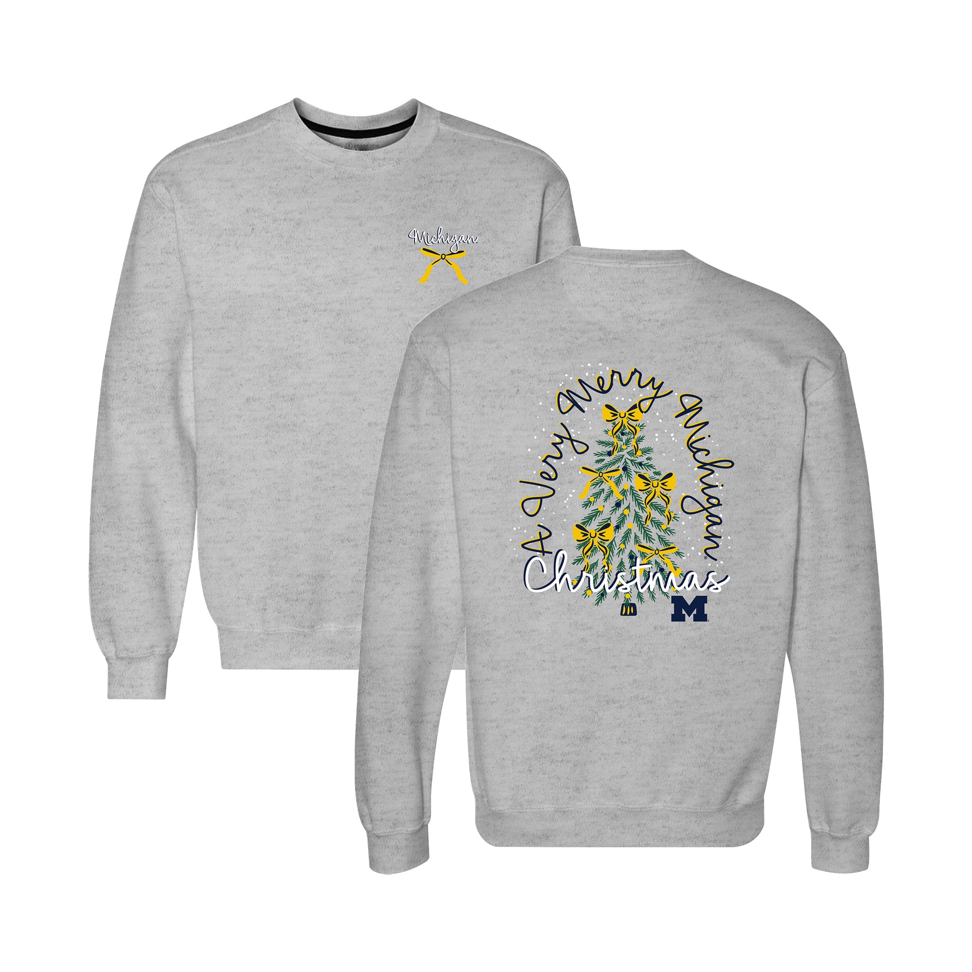 Women's Heather Gray Michigan Wolverines Classic Merry Christmas Tree Crewneck Sweatshirt