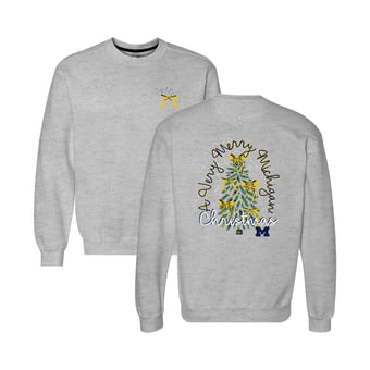 Women's Heather Gray Michigan Wolverines Classic Merry Christmas Tree Crewneck Sweatshirt