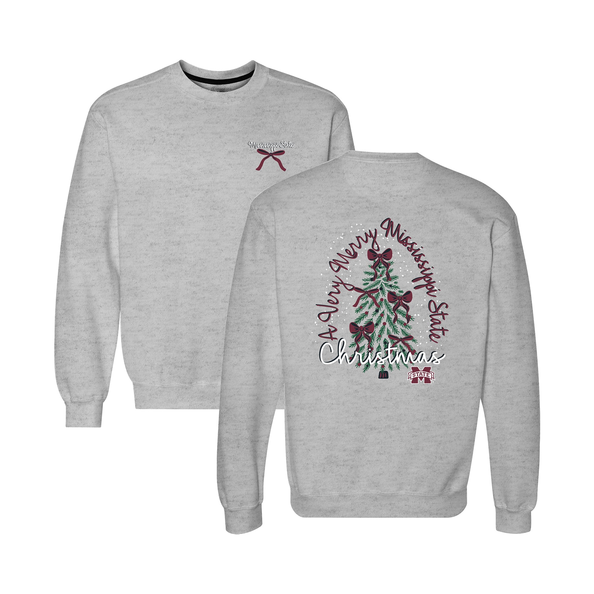 Women's  Heather Gray Mississippi State Bulldogs Classic Merry Christmas Tree Crewneck Sweatshirt
