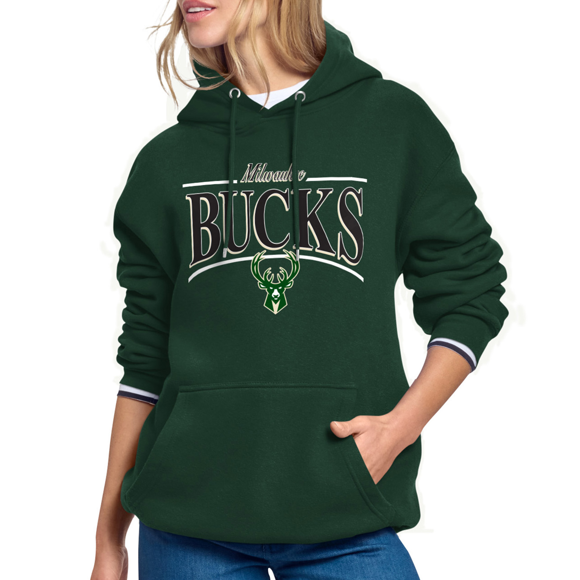 Women's Starter Hunter Green Milwaukee Bucks Arch Stripe Fleece Hoodie