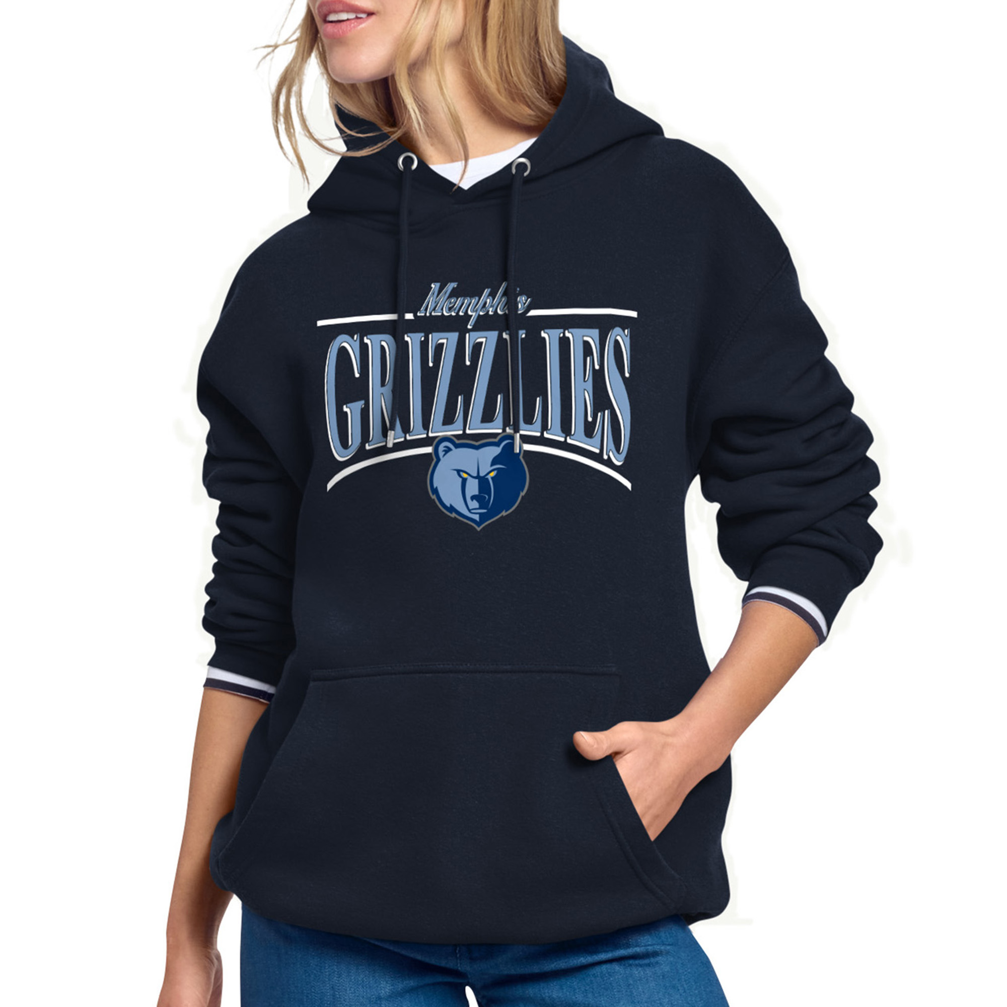 Women's Starter Navy Memphis Grizzlies Arch Stripe Fleece Hoodie