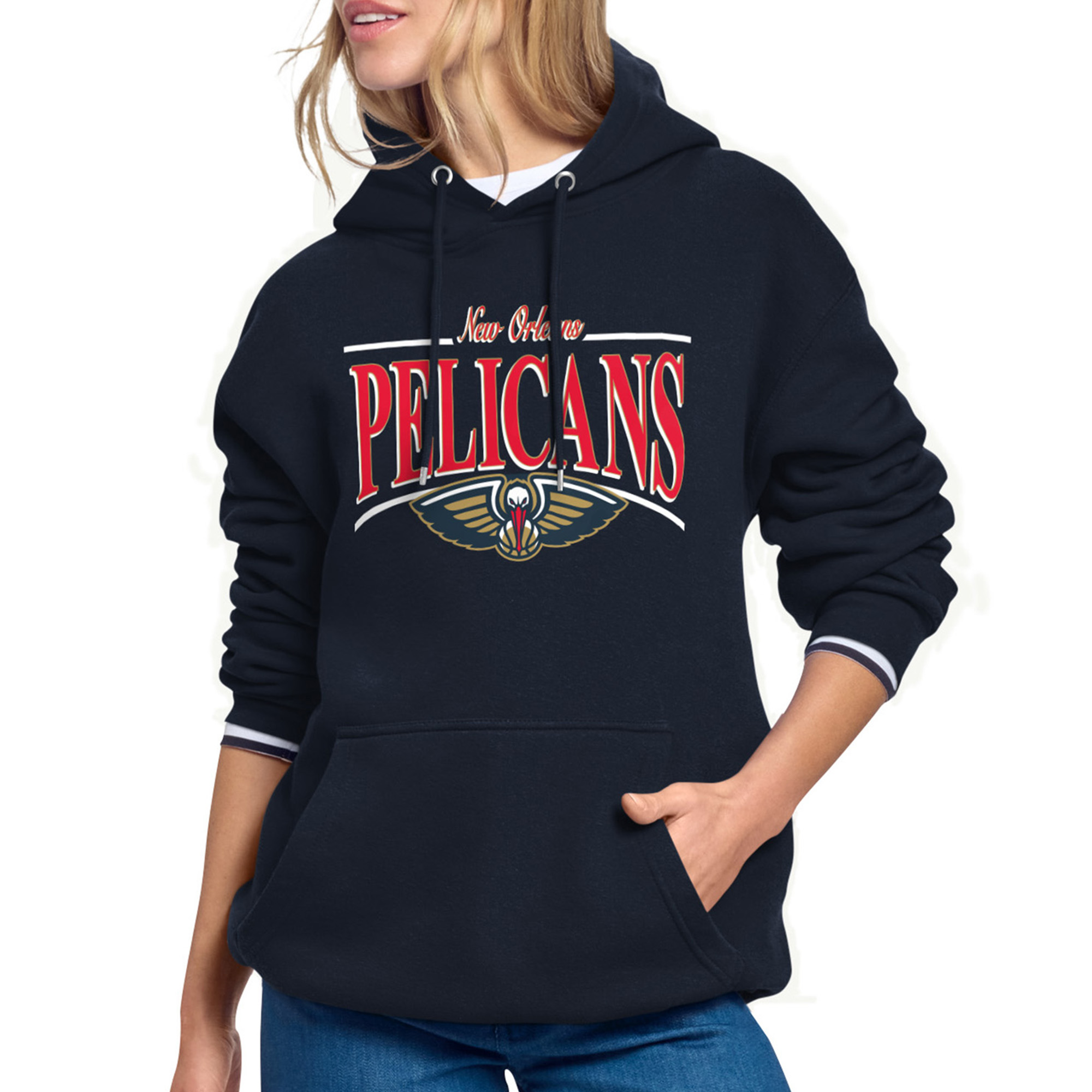 Women's Starter Navy New Orleans Pelicans Arch Stripe Fleece Hoodie