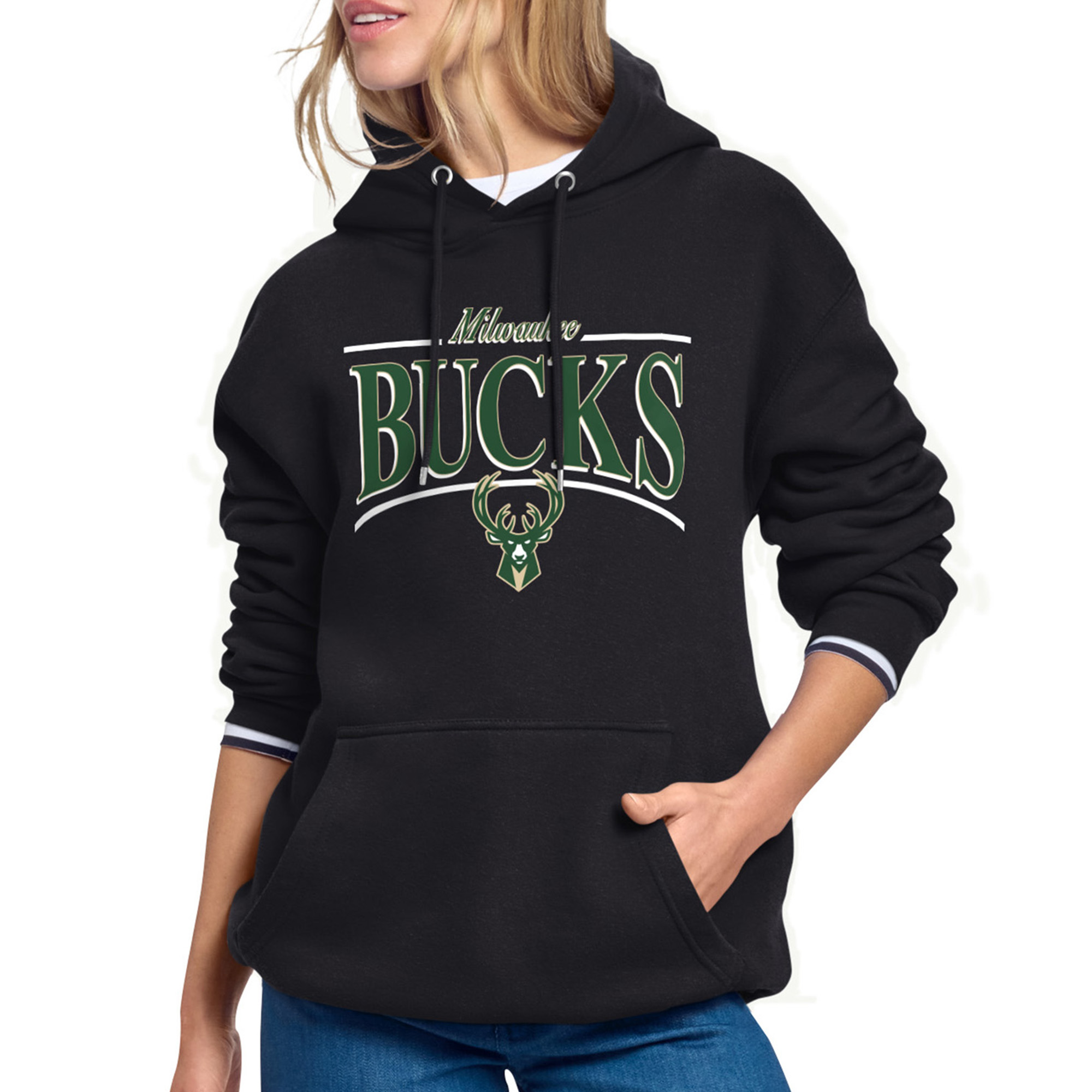 Women's Starter Black Milwaukee Bucks Arch Stripe Fleece Hoodie