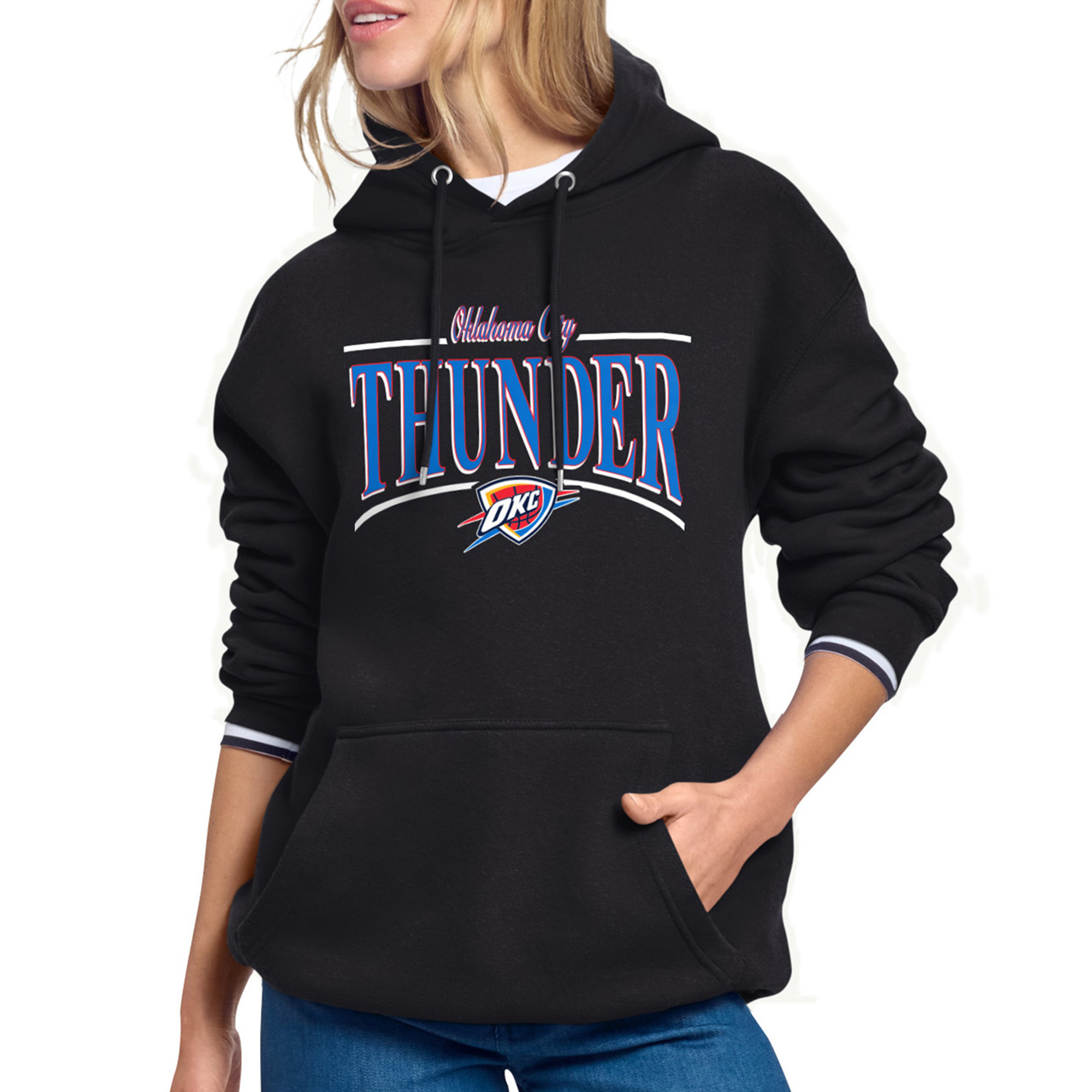 Women's Starter Black Oklahoma City Thunder Arch Stripe Fleece Hoodie