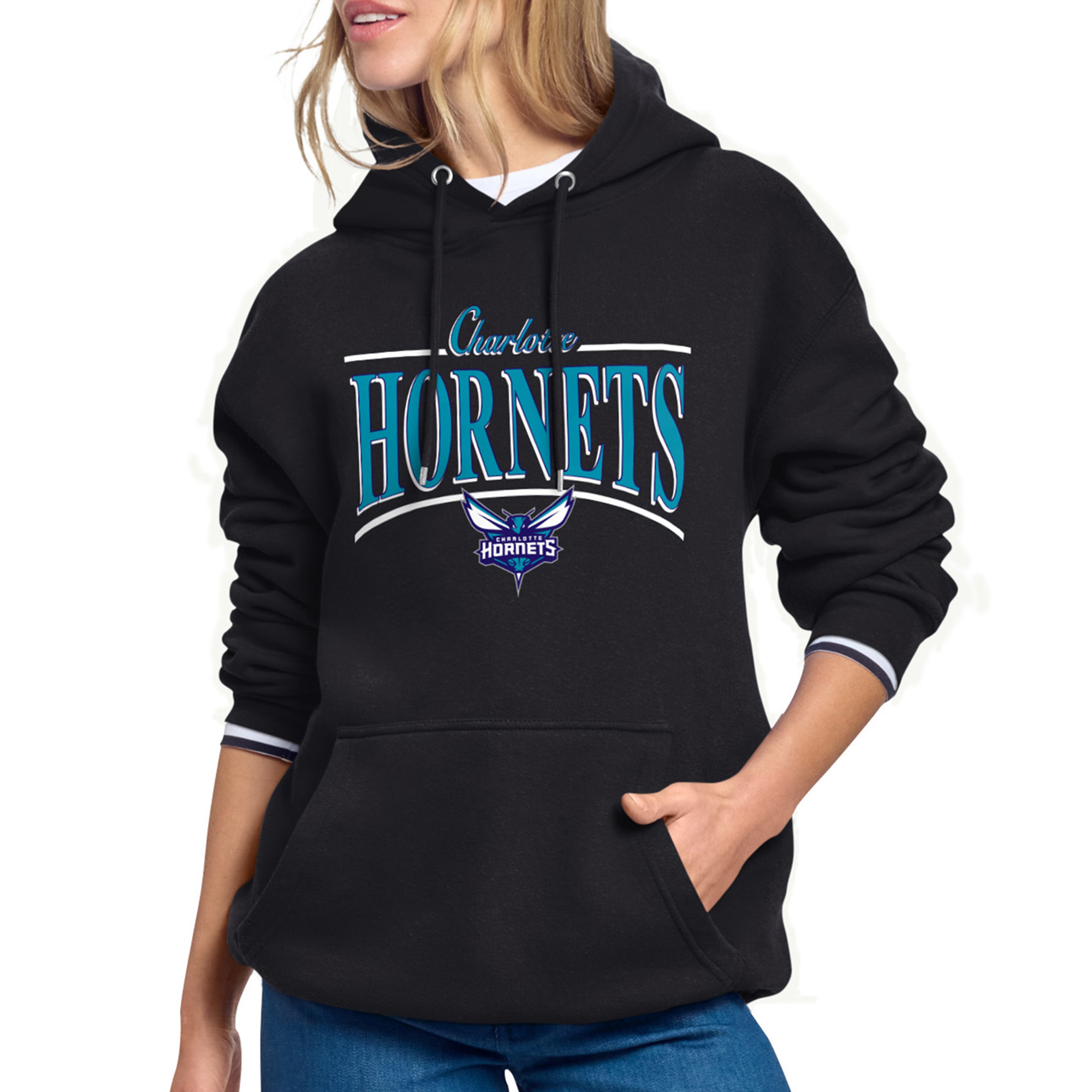 Women's Starter Black Charlotte Hornets Arch Stripe Fleece Hoodie