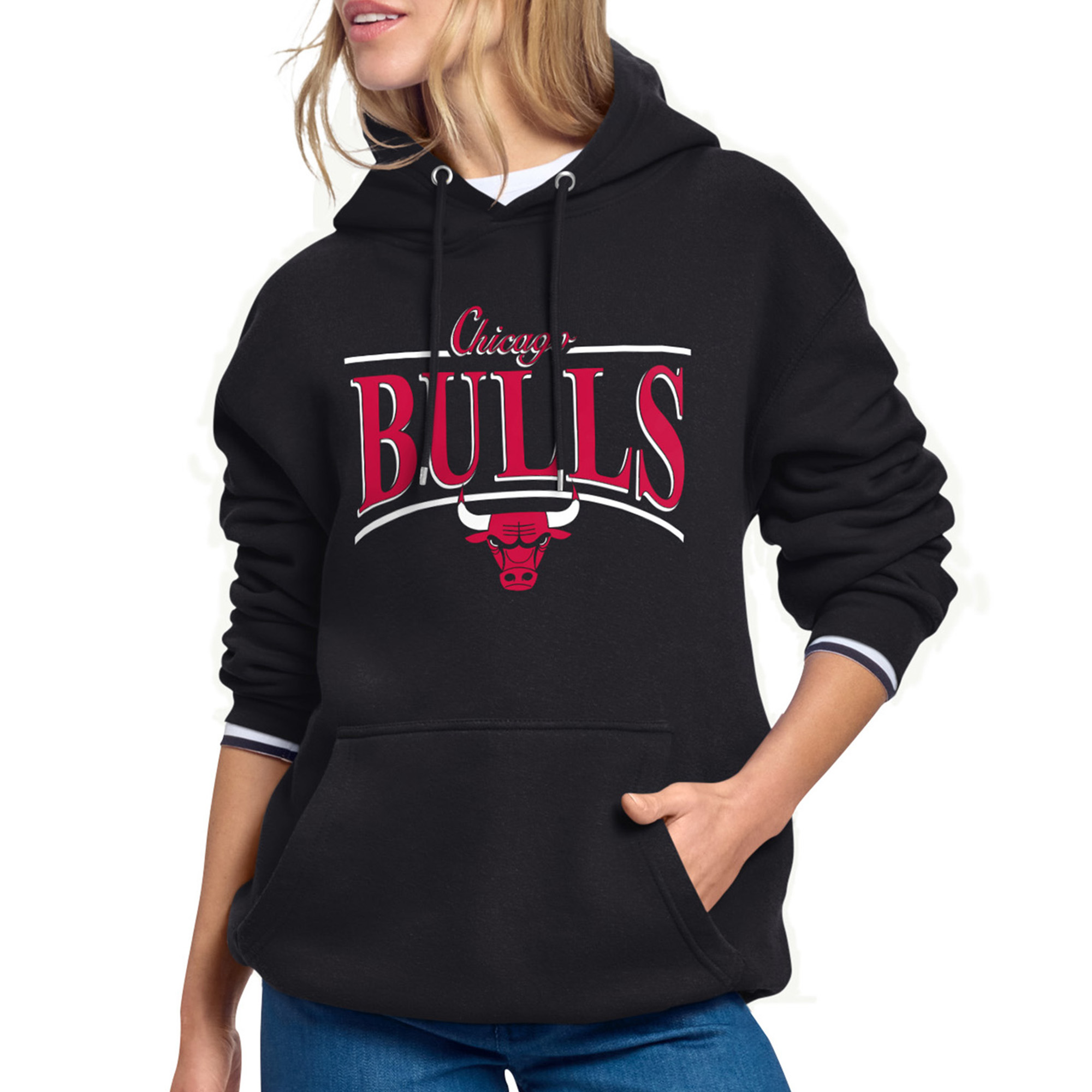 Women's Starter Black Chicago Bulls Arch Stripe Fleece Hoodie
