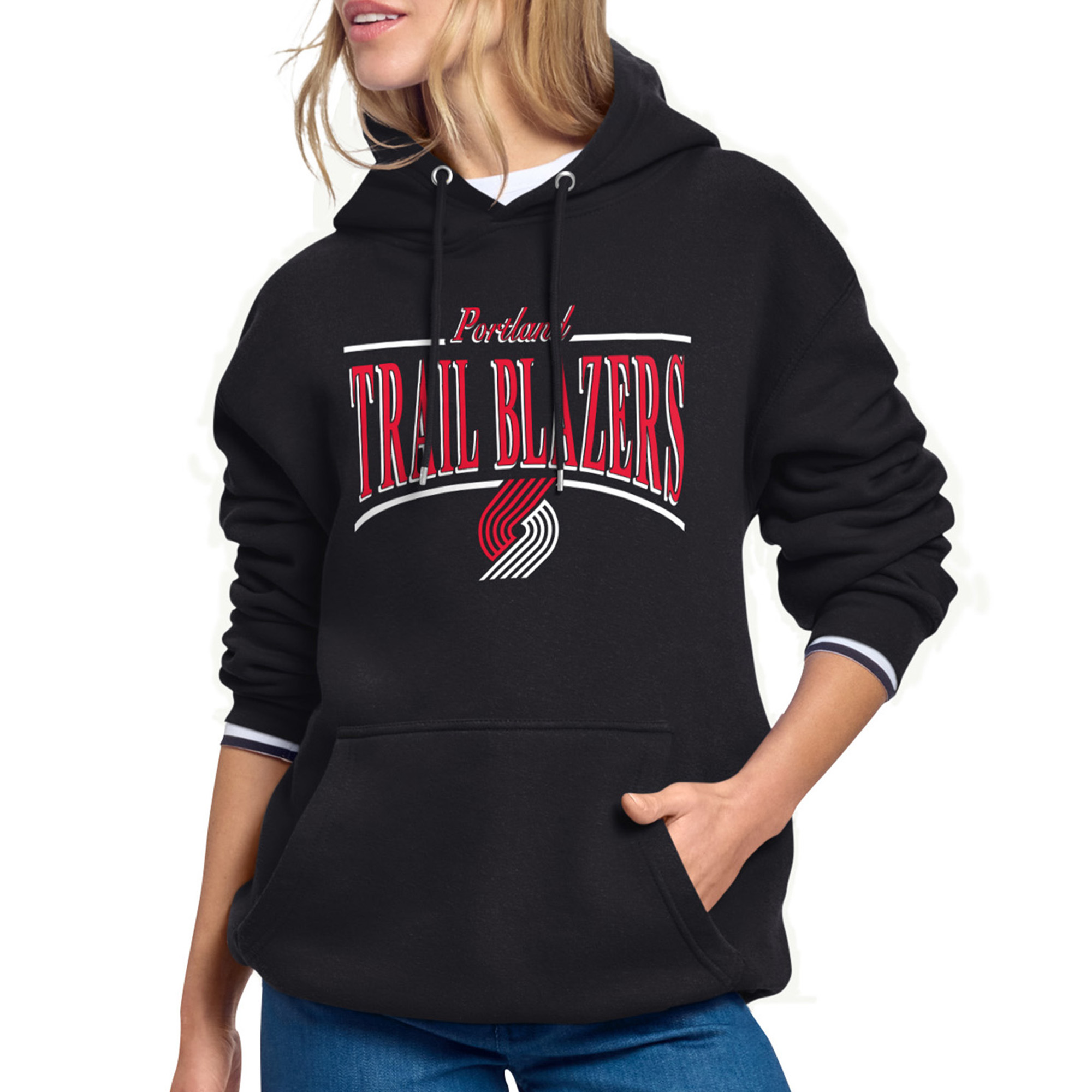 Women's Starter Black Portland Trail Blazers Arch Stripe Fleece Hoodie