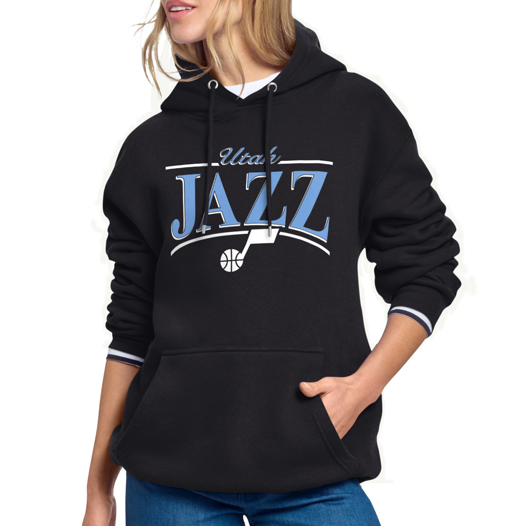 Women's Starter Black Utah Jazz Arch Stripe Fleece Hoodie