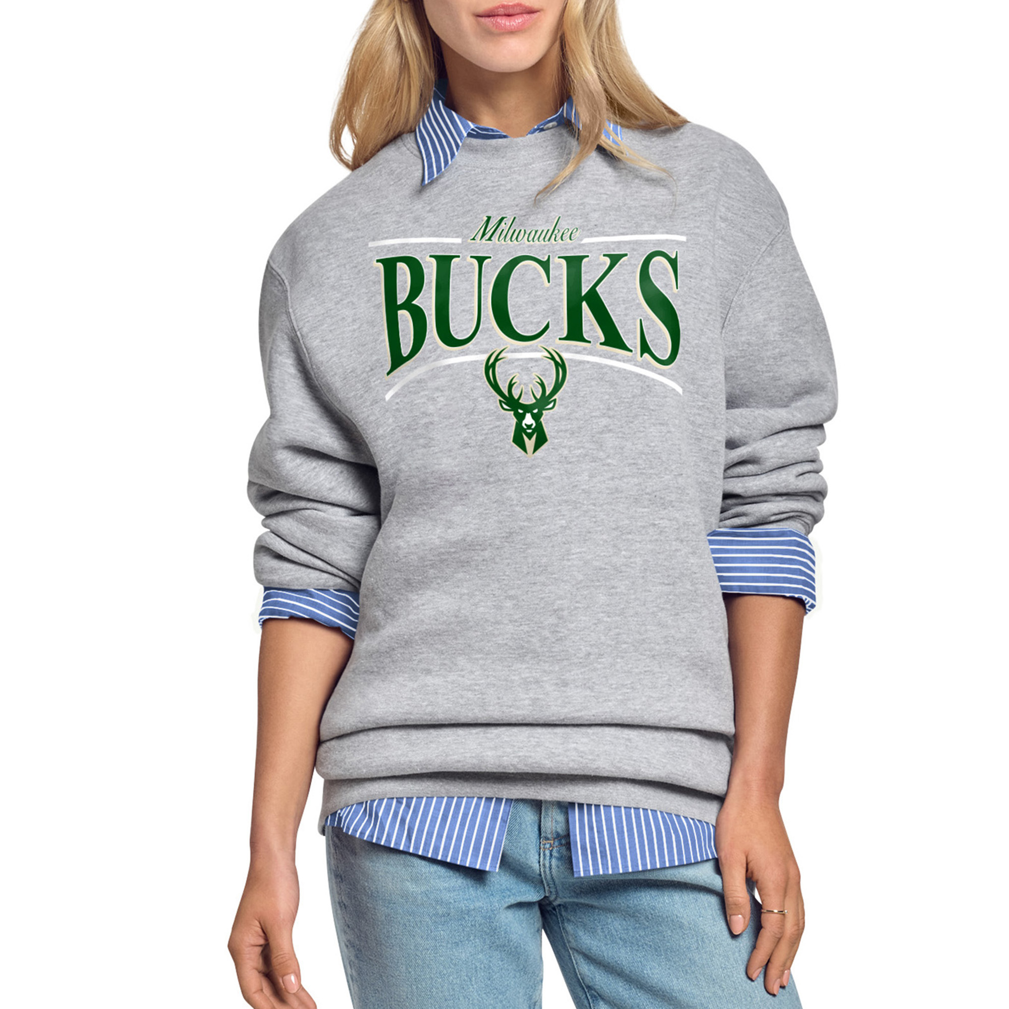 Women's Starter Gray Milwaukee Bucks Arch Stripe Fleece Crewneck Sweatshirt