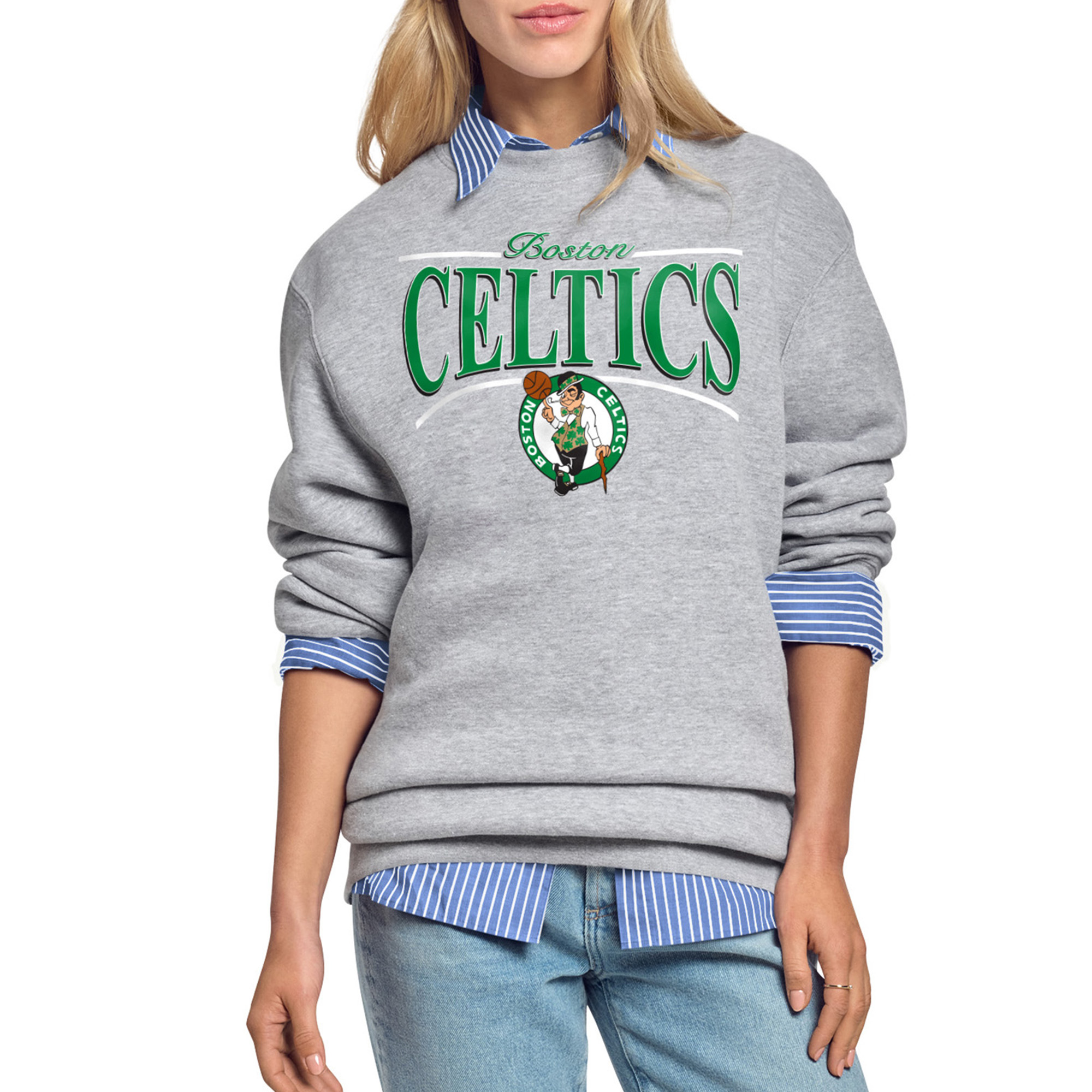 Women's Starter Gray Boston Celtics Arch Stripe Fleece Crewneck Sweatshirt