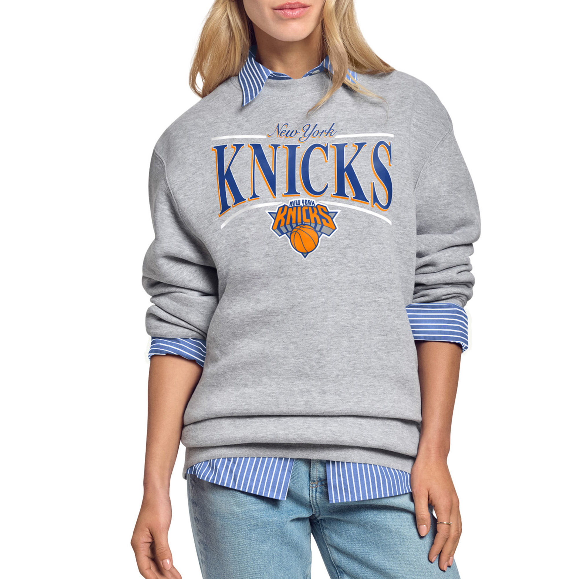 Starter Women's Gray New York Knicks Arch Stripe Fleece Crewneck Sweatshirt - Gray