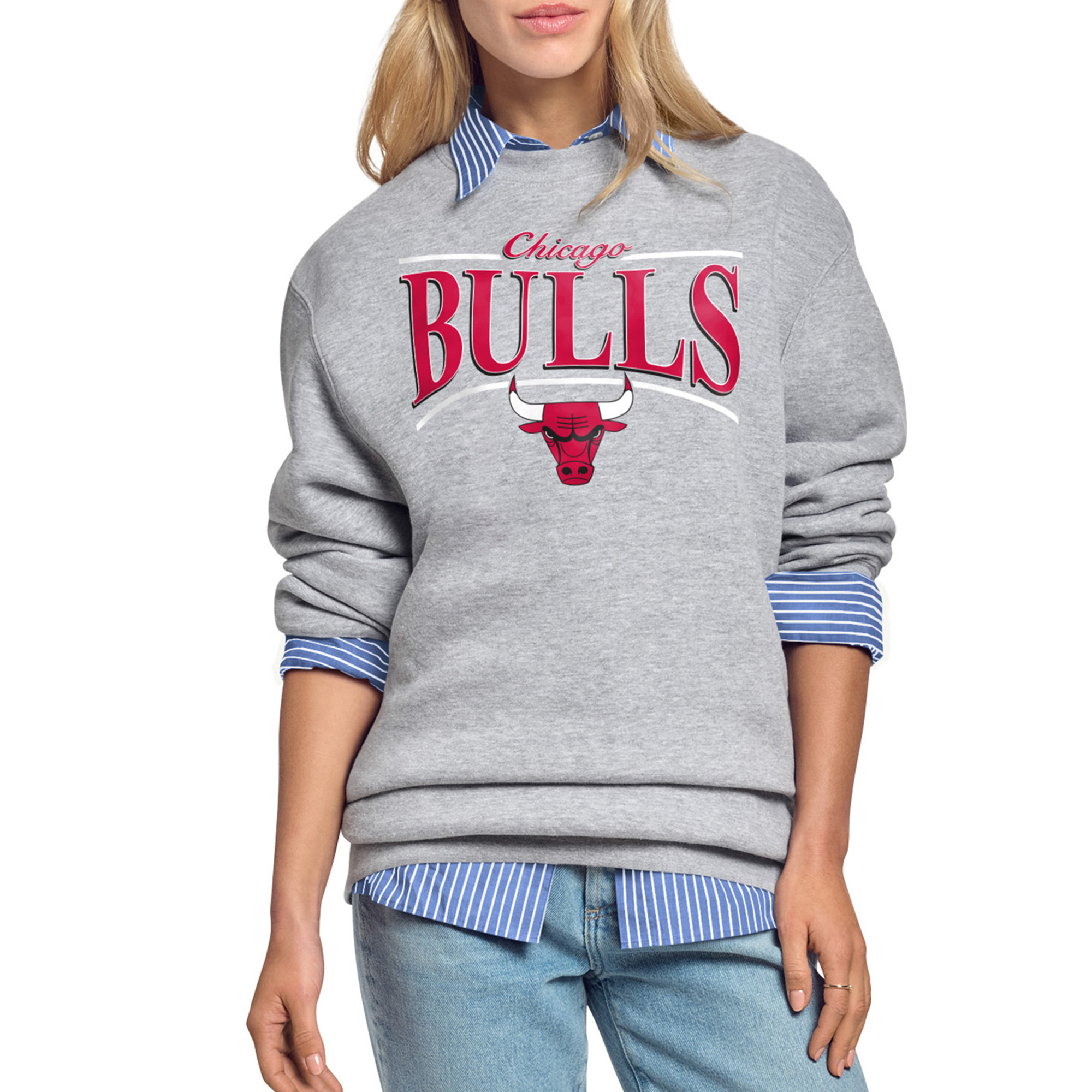 Women's Starter Gray Chicago Bulls Arch Stripe Fleece Crewneck Sweatshirt