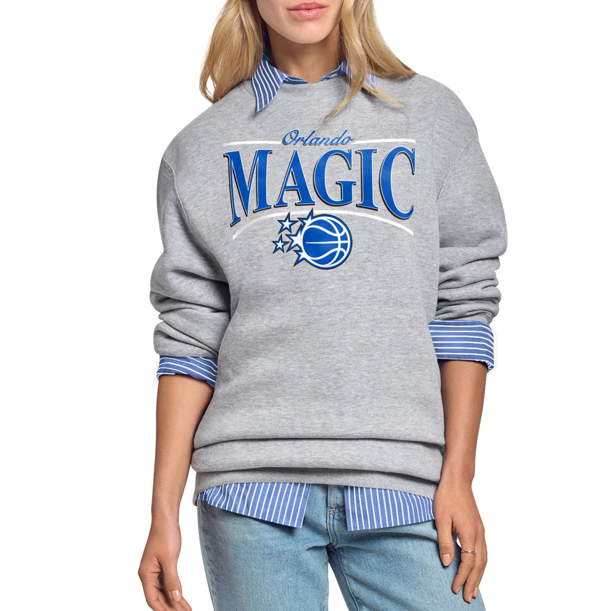 Women's Starter Gray Orlando Magic Arch Stripe Fleece Crewneck Sweatshirt