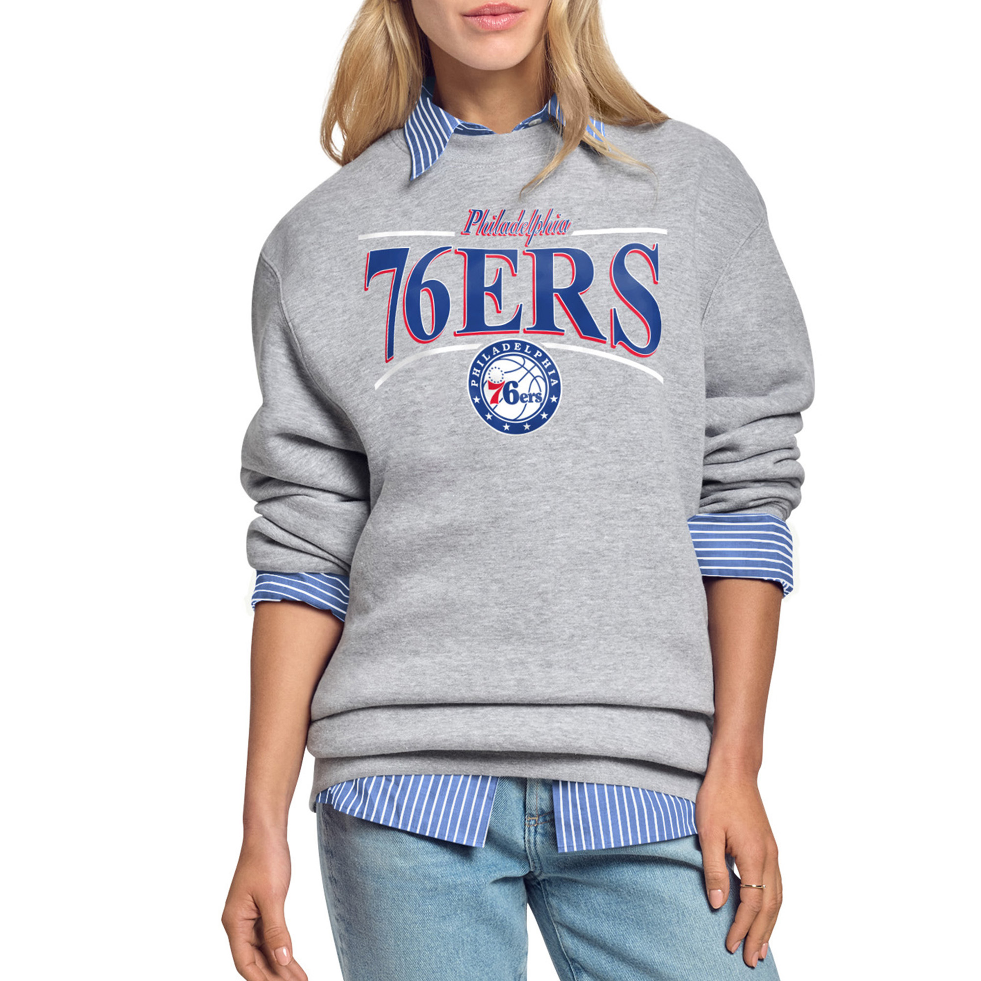 Women's Starter Gray Philadelphia 76ers Arch Stripe Fleece Crewneck Sweatshirt