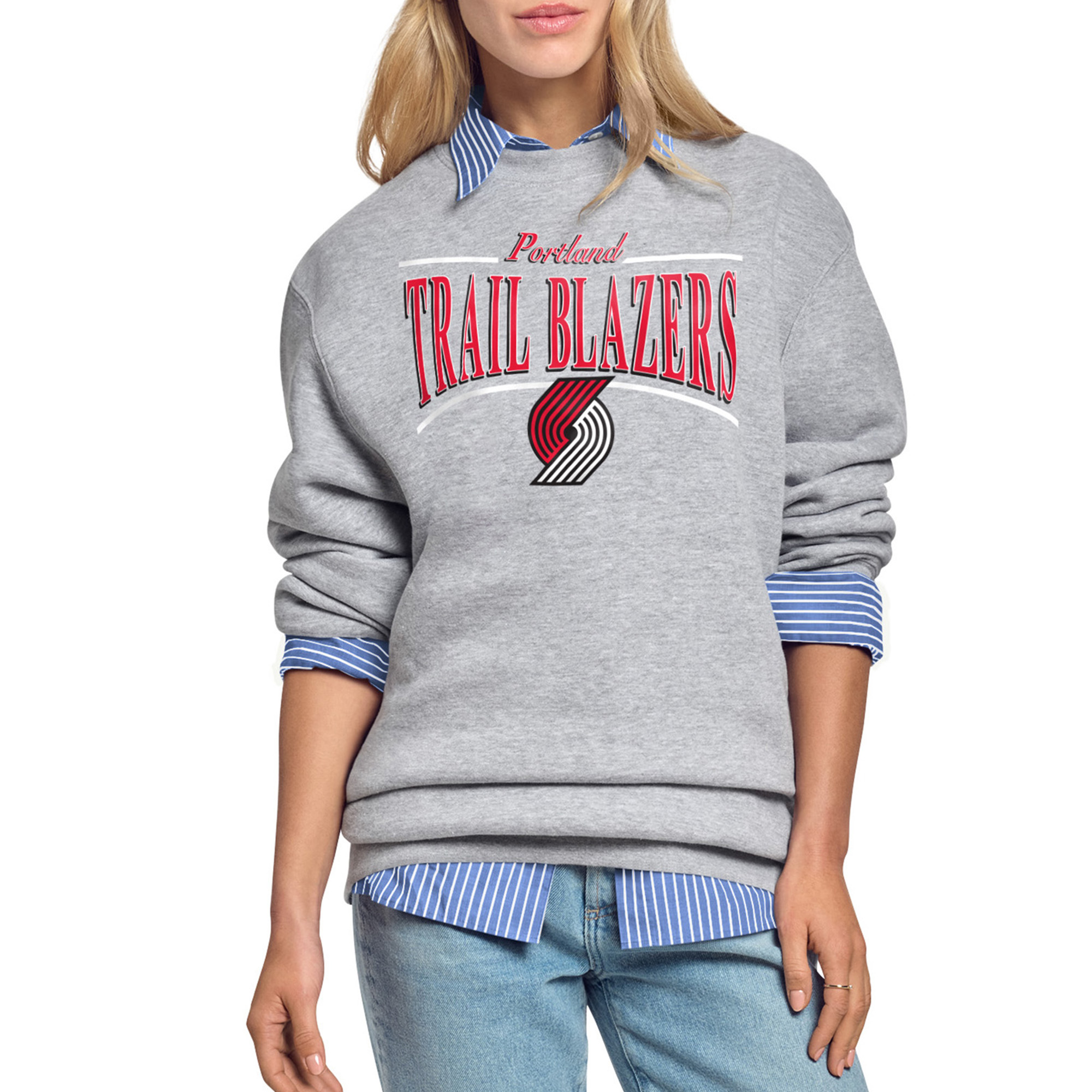 Women's Starter Gray Portland Trail Blazers Arch Stripe Fleece Crewneck Sweatshirt