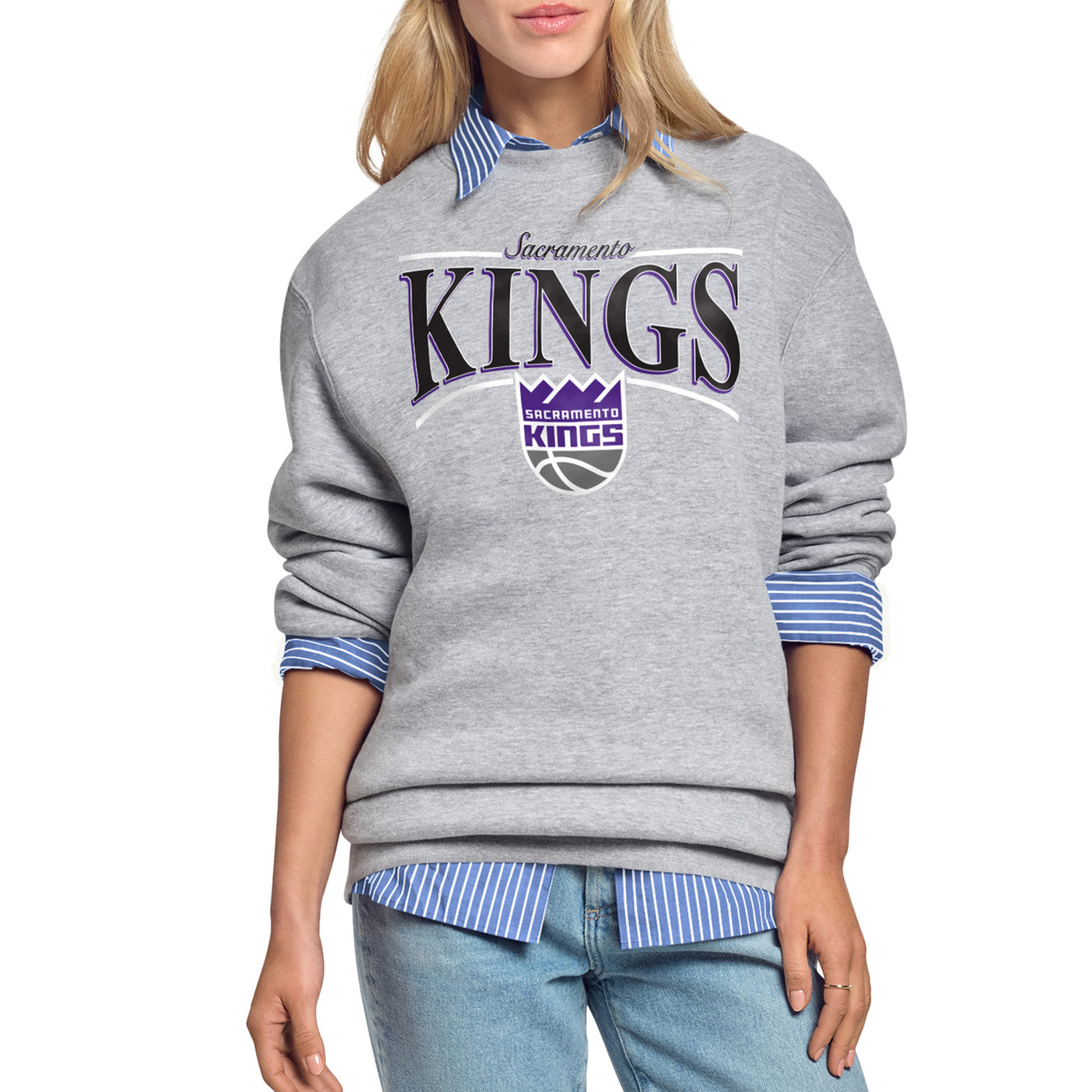 Women's Starter Gray Sacramento Kings Arch Stripe Fleece Crewneck Sweatshirt