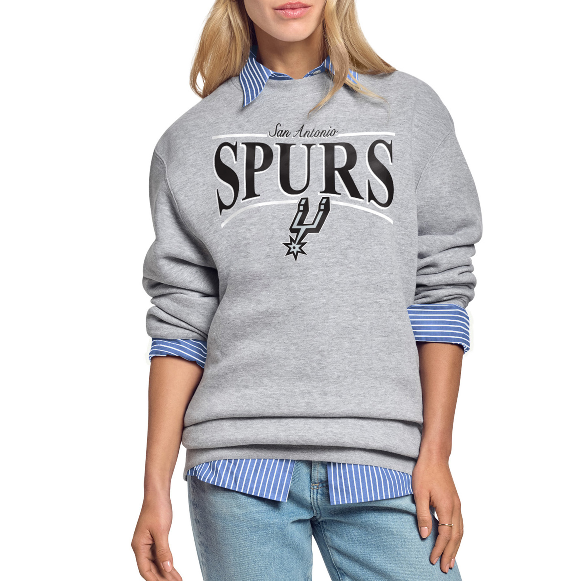 Women's Starter Gray San Antonio Spurs Arch Stripe Fleece Crewneck Sweatshirt