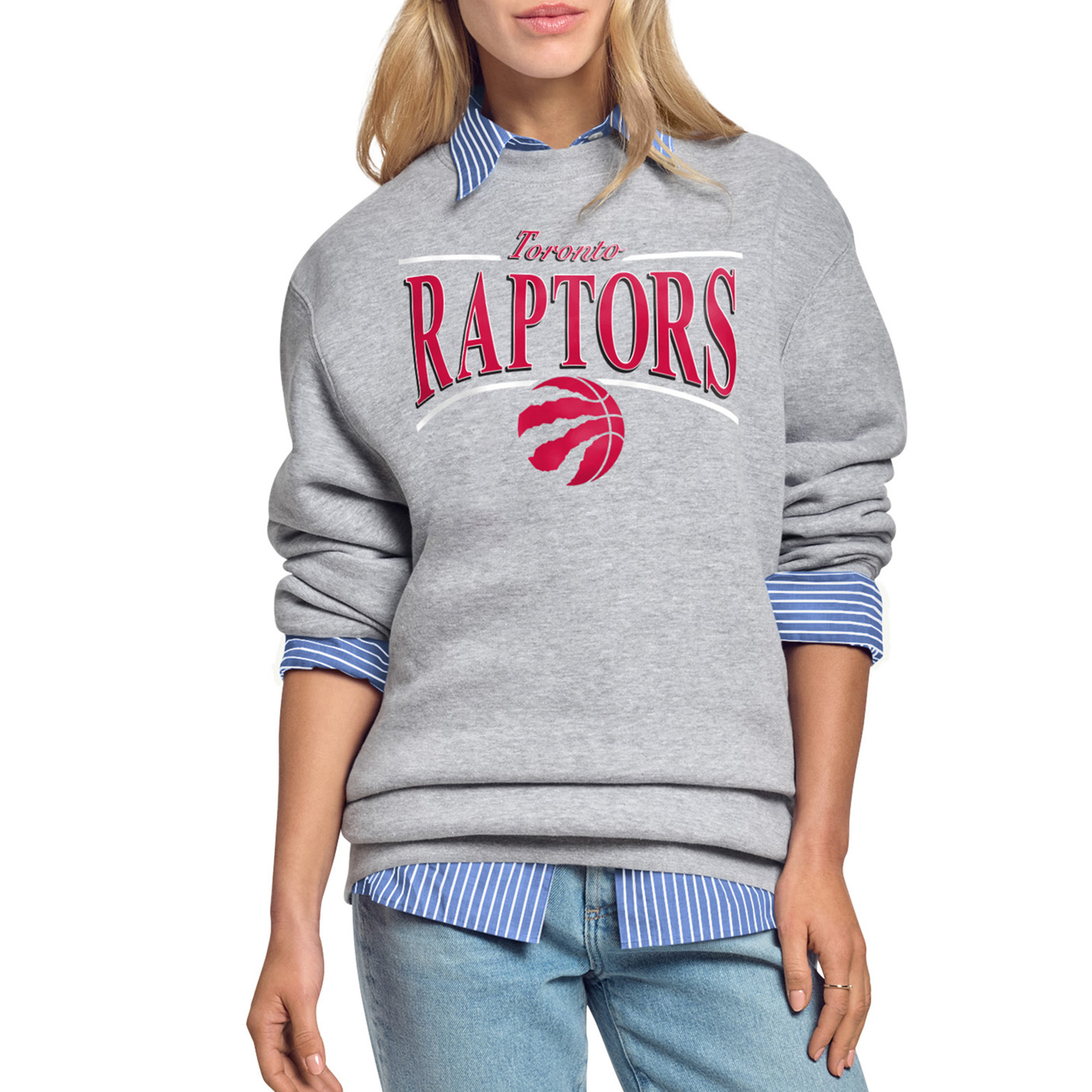 Women's Starter Gray Toronto Raptors Arch Stripe Fleece Crewneck Sweatshirt