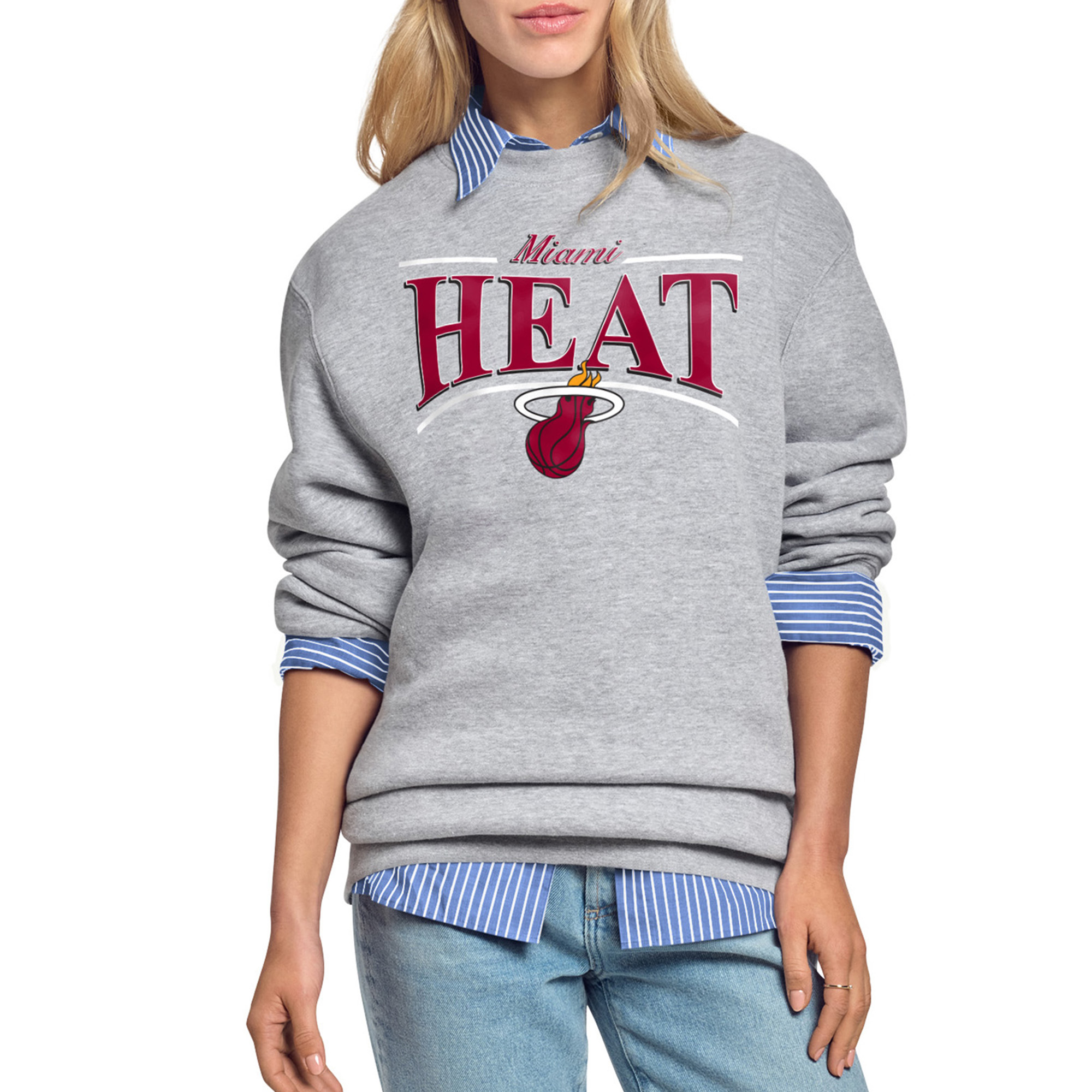 Women's Starter Gray Miami Heat Arch Stripe Fleece Crewneck Sweatshirt