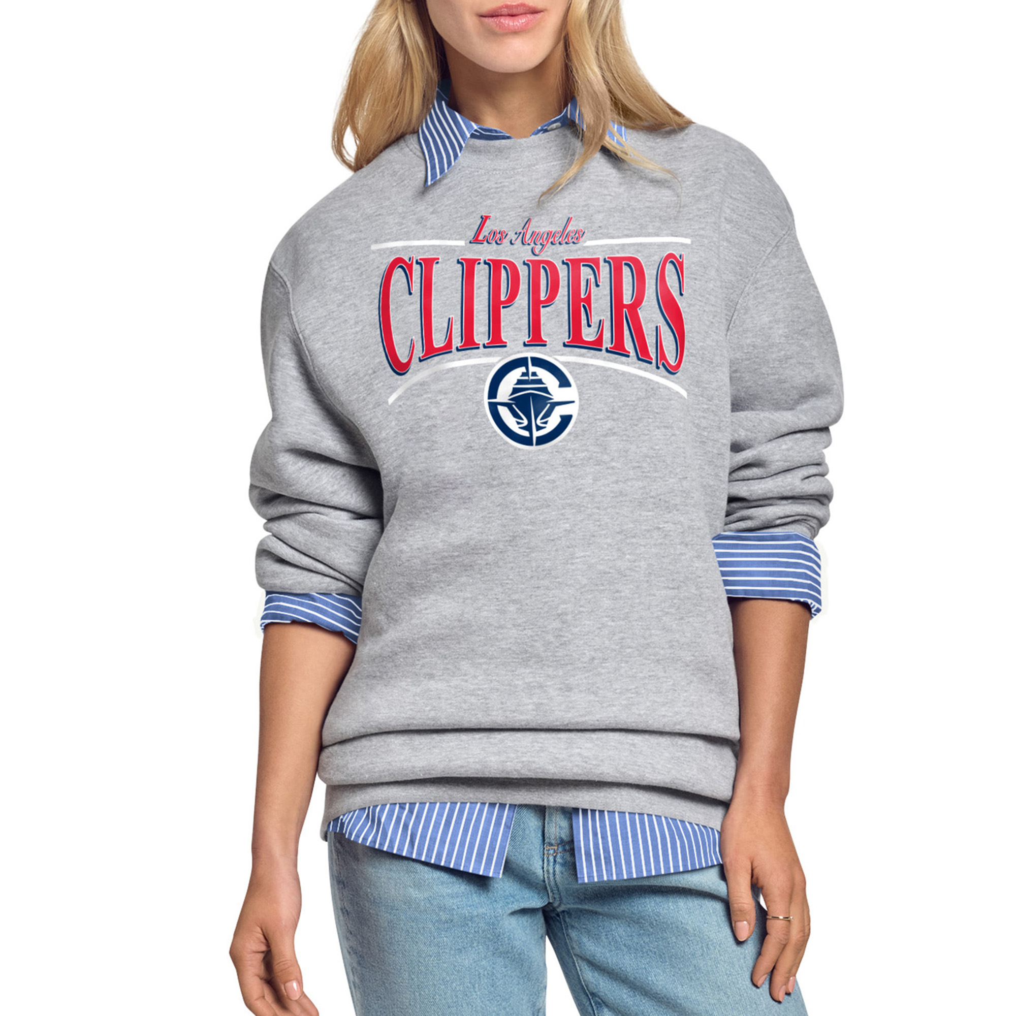 Women's Starter Gray LA Clippers Arch Stripe Fleece Crewneck Sweatshirt